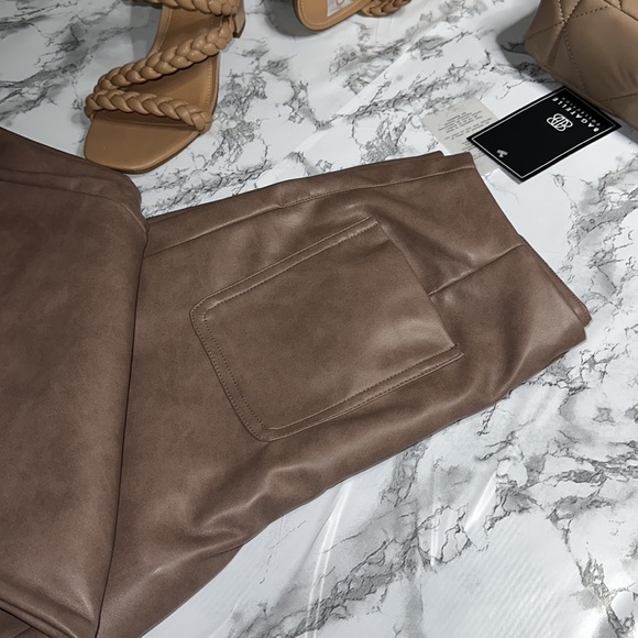 Bagatelle Khaki wide leg cropped faux vegan leather with gold embellishment pant - Picture 2 of 4